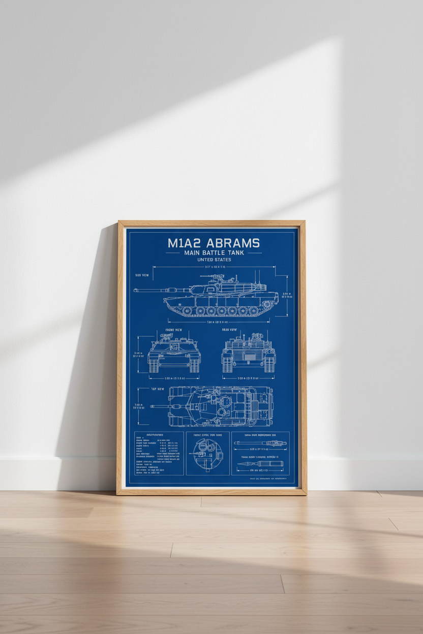 M1A2 Abrams Tank Blueprint Wall Art | Office Decor | Military Engineering Poster