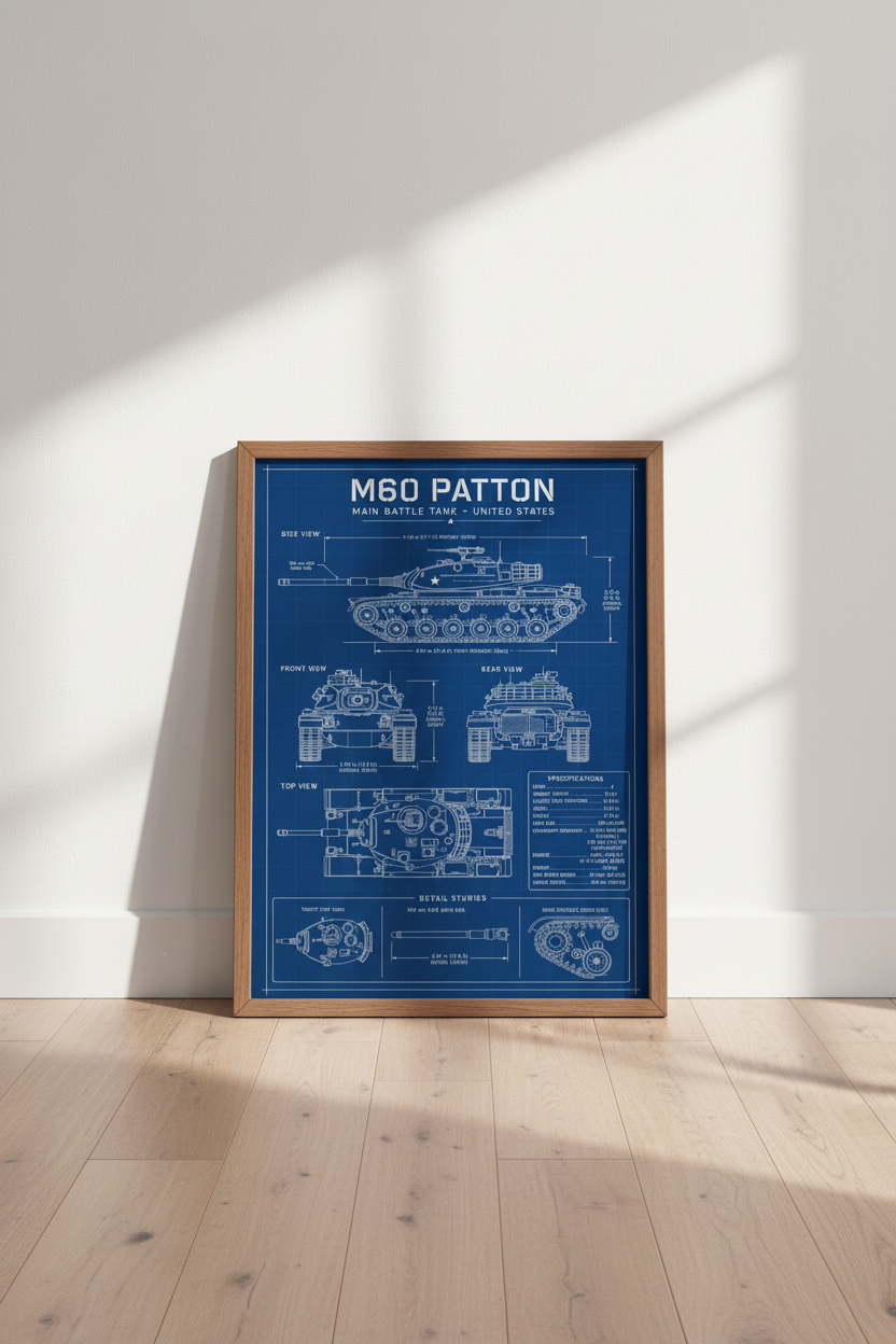 M60 Patton Tank Blueprint Wall Art | Office Decor | Industrial Military Poster