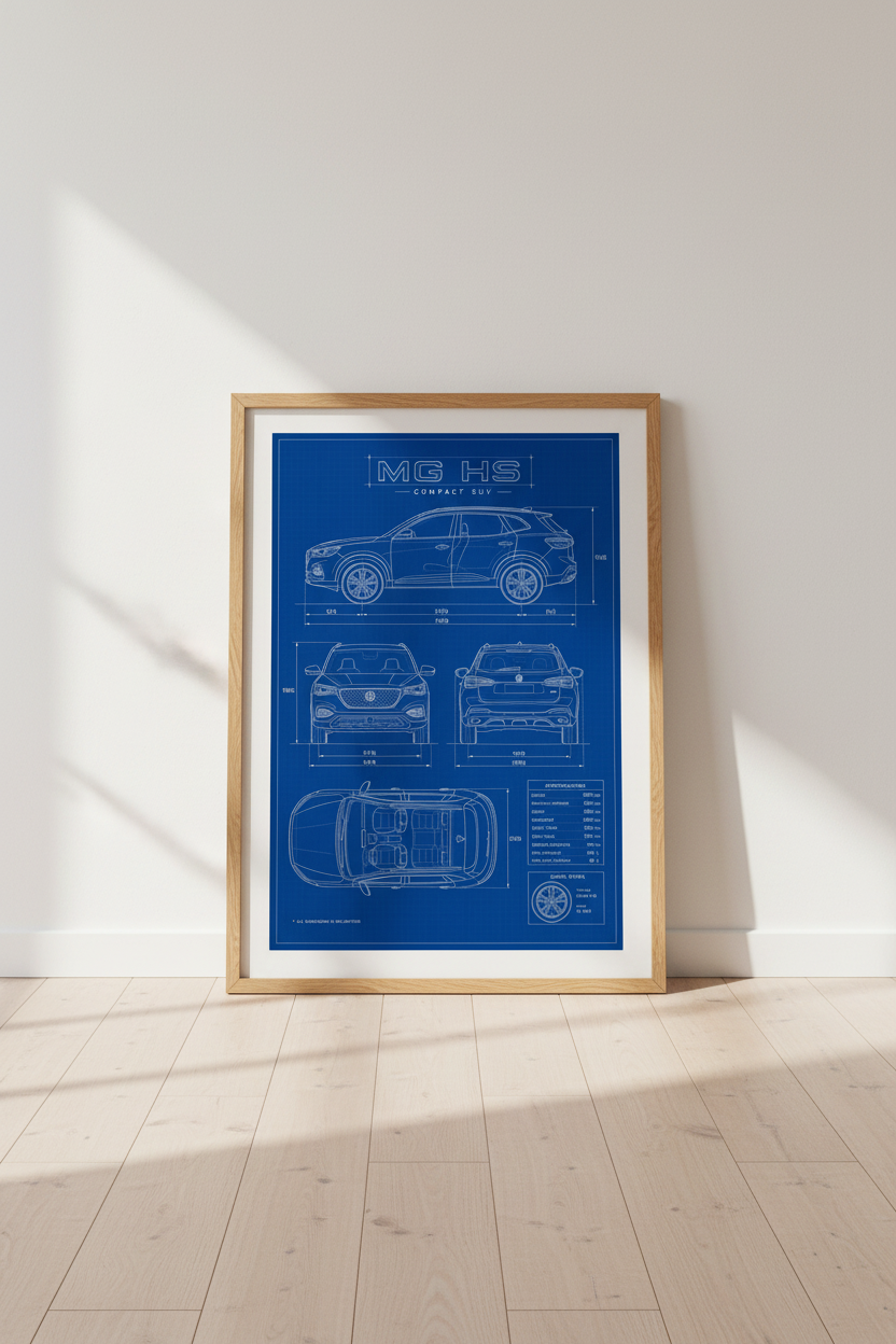 MG HS SUV Blueprint Wall Art | Garage & Office Decor | Industrial Minimalist Poster