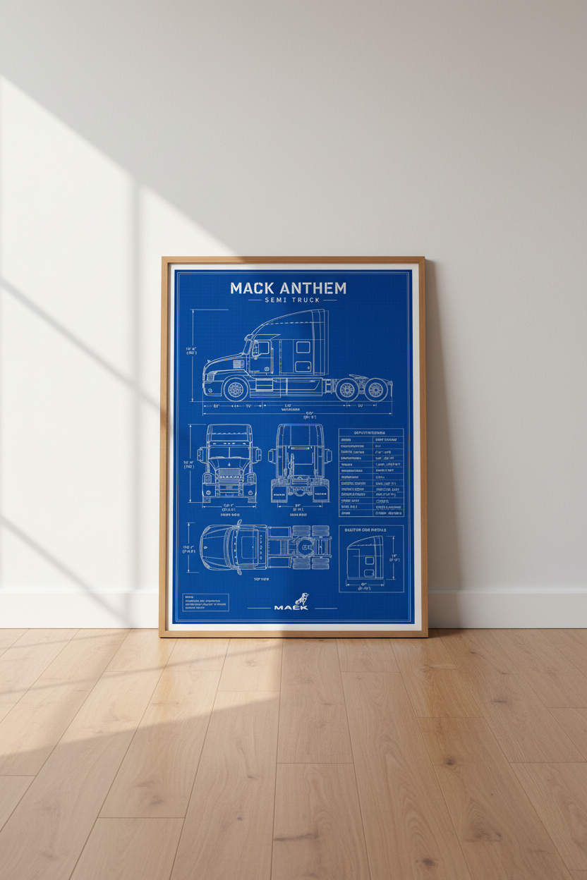 Mack Anthem Truck Blueprint Wall Art | Blue Industrial Poster, Garage Decor