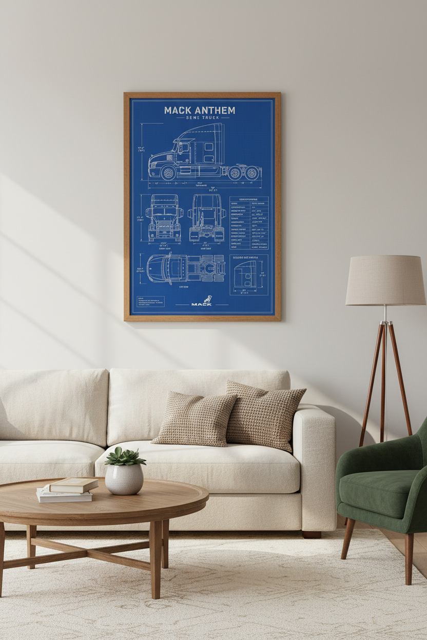 Mack Anthem Truck Blueprint Wall Art | Blue Industrial Poster, Garage Decor