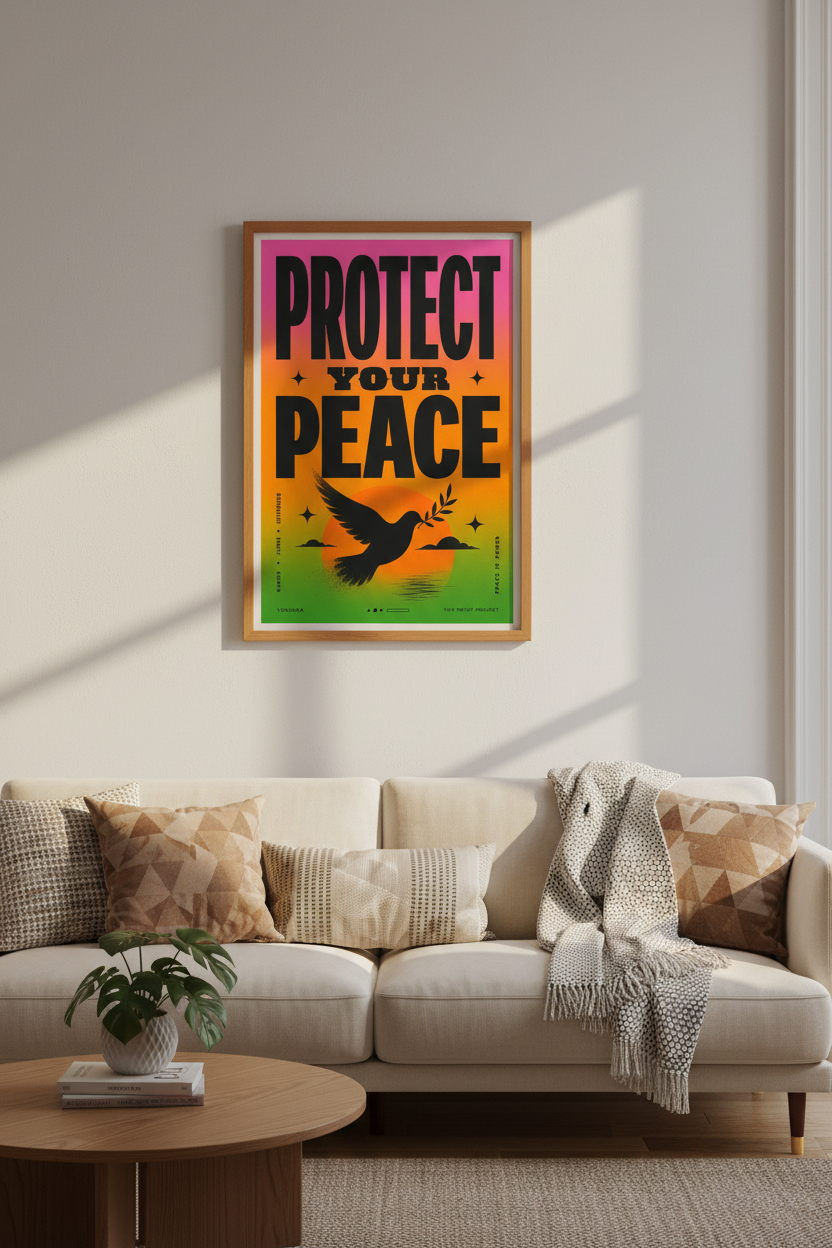 Protect Your Peace Wall Art | Retro Typography Poster, Sunset Gradient Decor