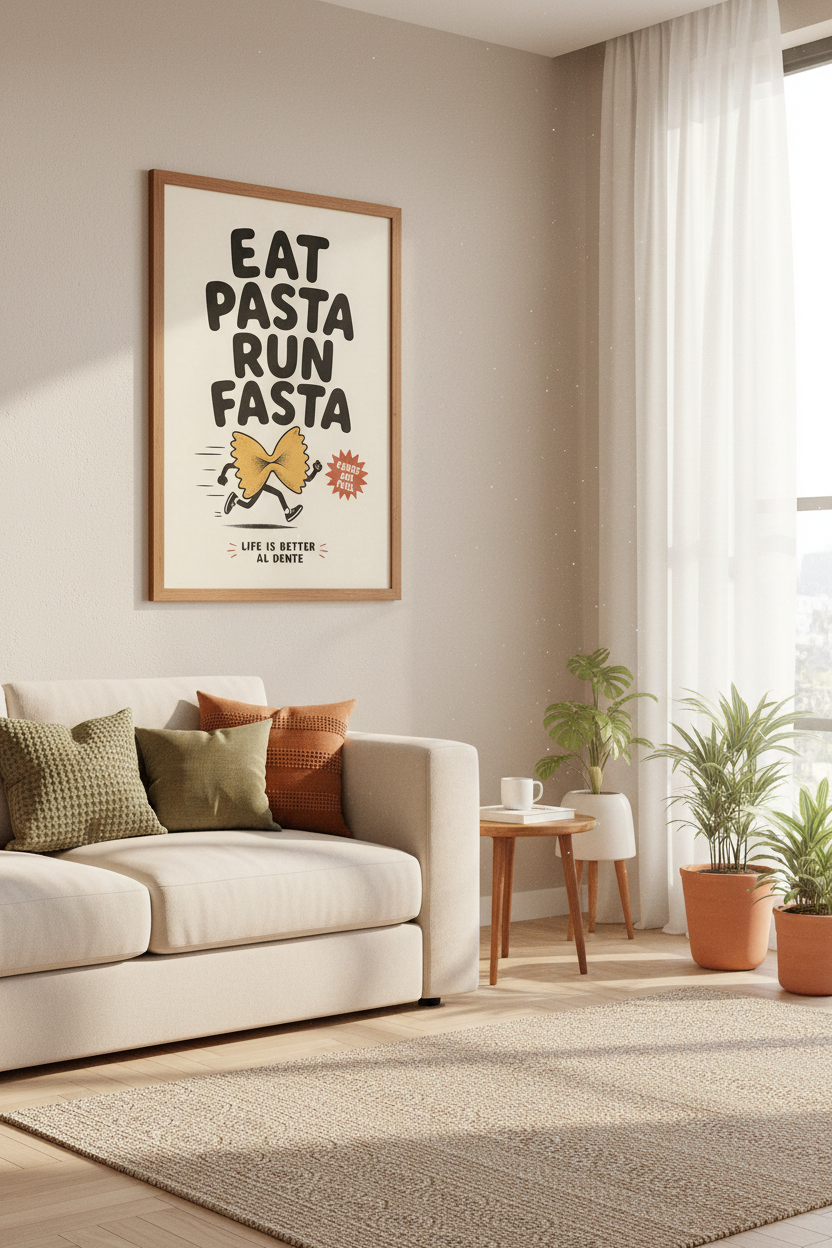 Eat Pasta Run Fasta Art Print | Funny Runner Kitchen Decor | Retro Fitness Poster