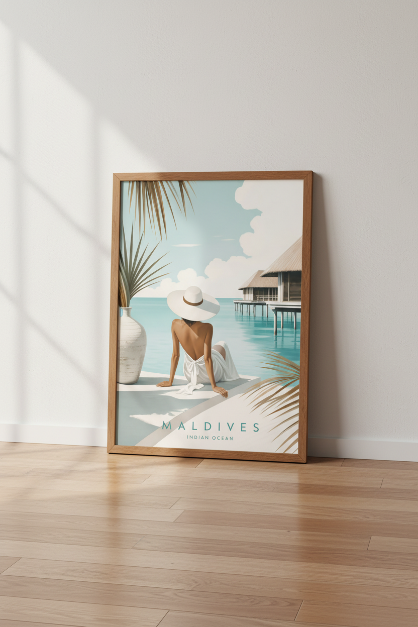 Maldives Travel Poster | Minimalist Coastal Wall Art Print, Luxury Beach Decor