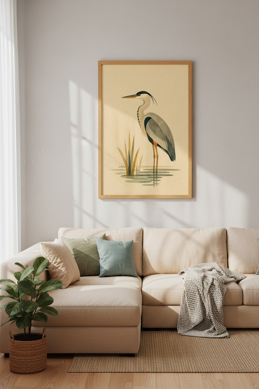 Great Blue Heron | Minimalist Bird Illustration, Coastal Modern Room Decor