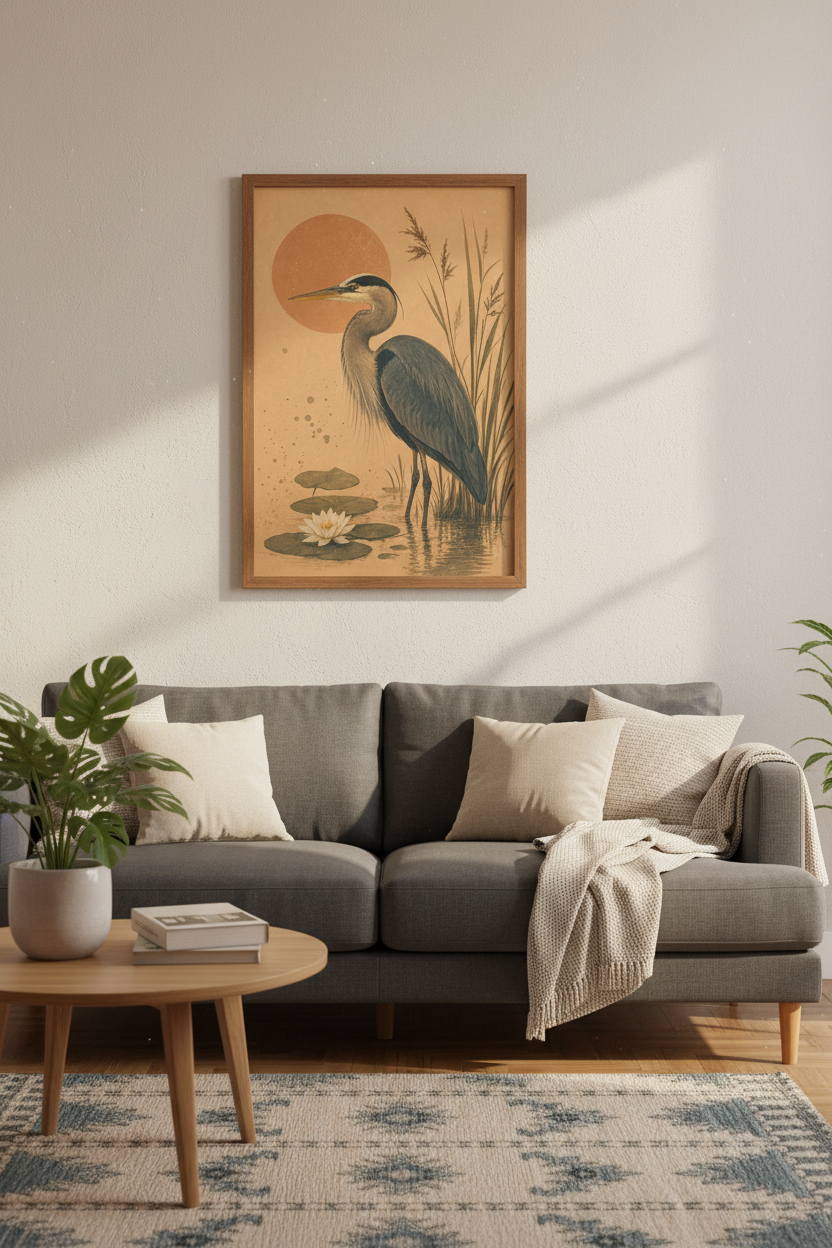 Great Blue Heron | Japanese Style Bird Art, Vintage Woodblock Poster Print