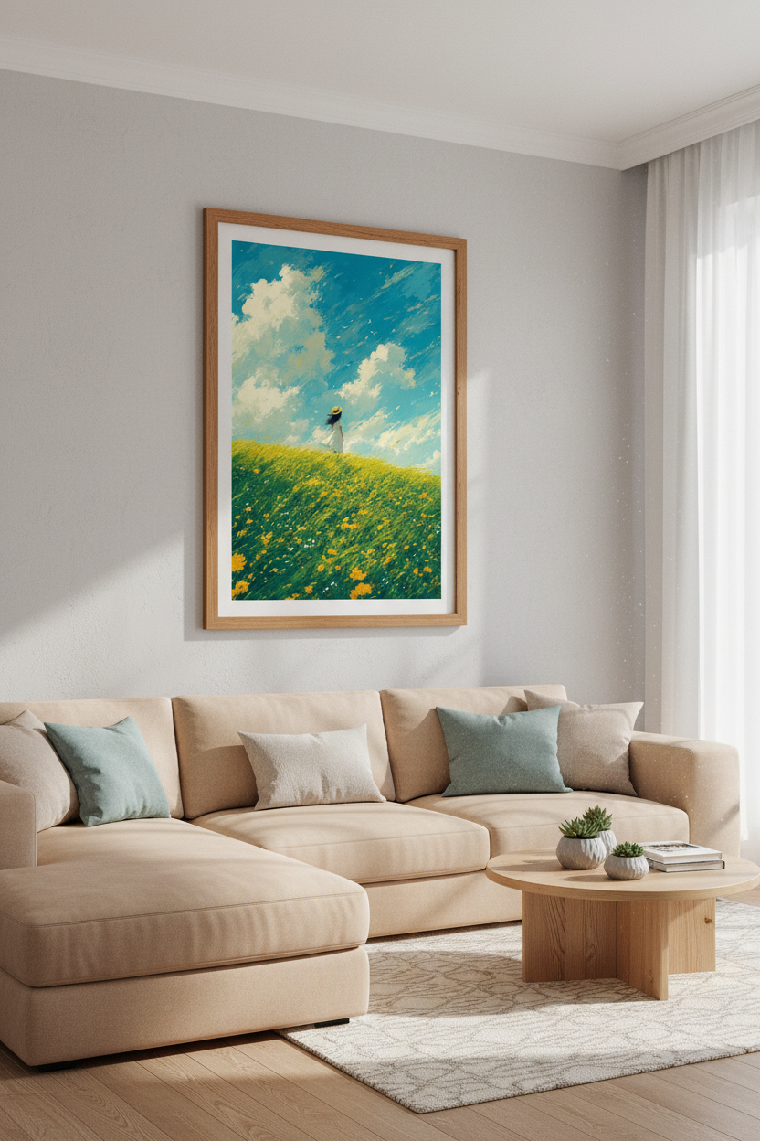 Anime Meadow Landscape Wall Art | Ghibli Style Wildflower Decor | Summer Sky Poster