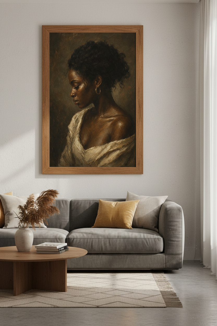 Black Woman Portrait Oil Painting | Moody Earth Tone Wall Art, Elegant Living Room Decor