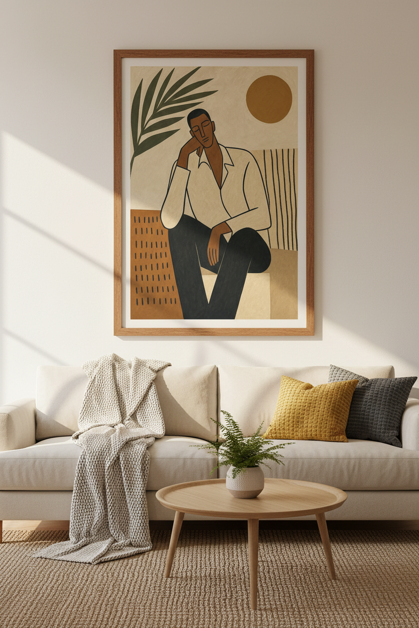Abstract Black Man Portrait | Terracotta Earthy Tones, Modern Living Room Decor