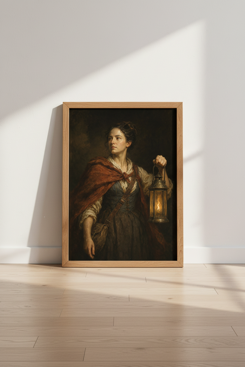 Woman with Lantern Portrait | Moody Dark Academia Art, Vintage Oil Painting Poster