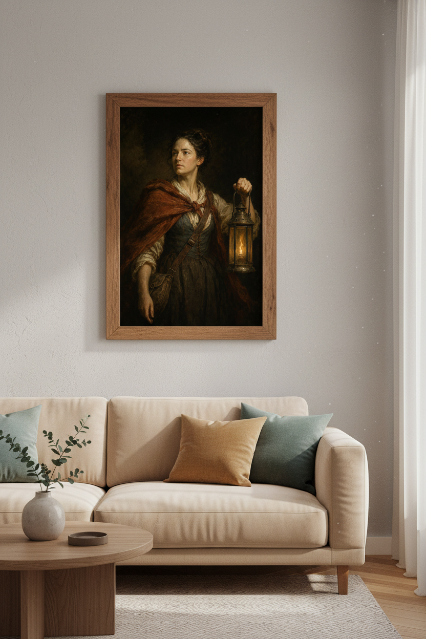 Woman with Lantern Portrait | Moody Dark Academia Art, Vintage Oil Painting Poster