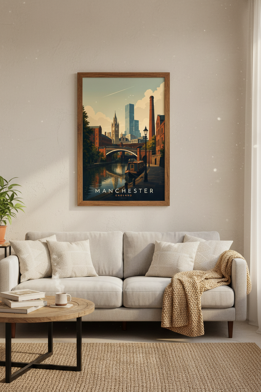 Manchester England Travel Poster | Vintage Style Cityscape | Industrial Bridge Wall Art