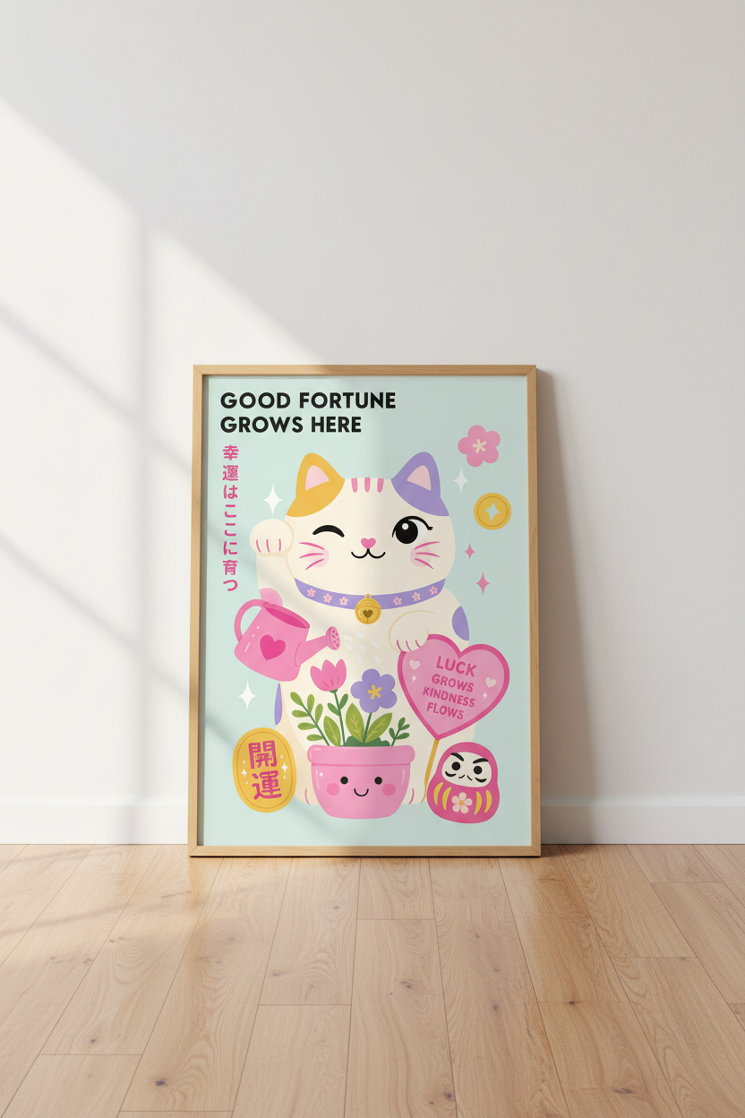 Kawaii Lucky Cat Print | Lucky Grows Kindness | Pastel Japanese Nursery Decor
