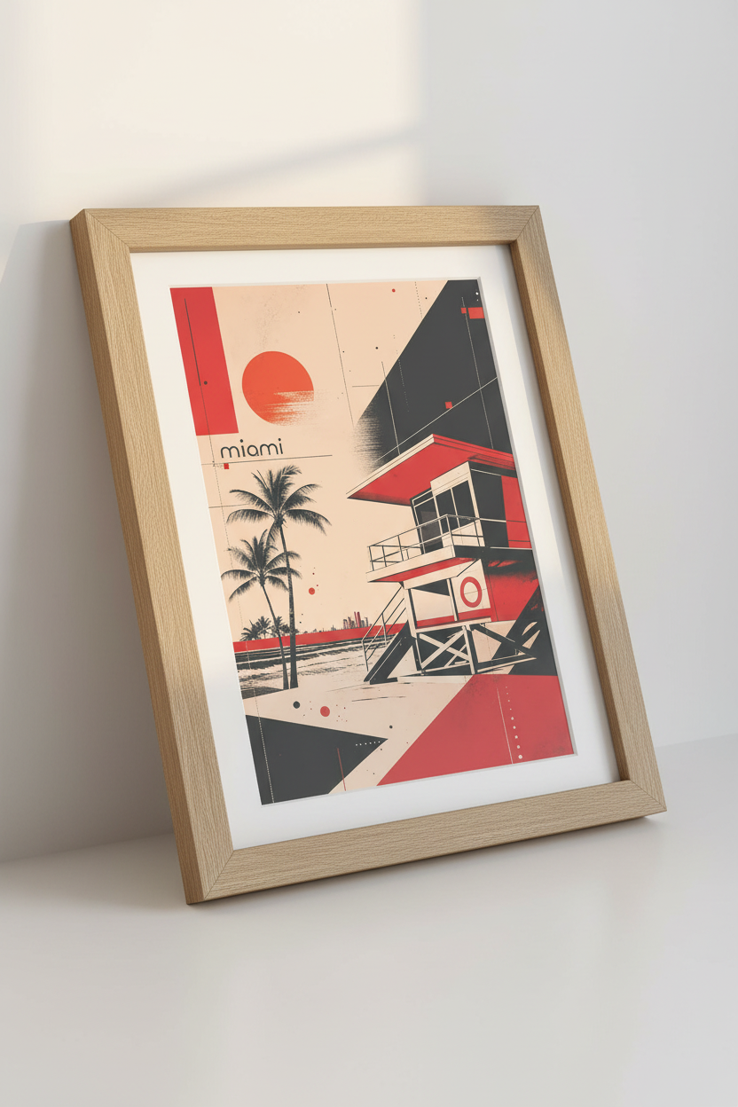 Miami Beach Poster | Red & Black Bauhaus Style, Modern Coastal Living Room Decor