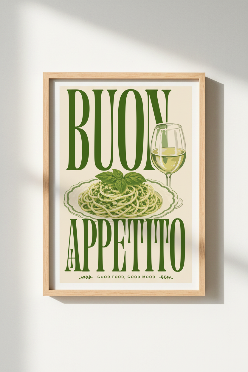 Italian Kitchen Wall Art Print | Pesto Pasta Wine Poster | Retro Dining Decor