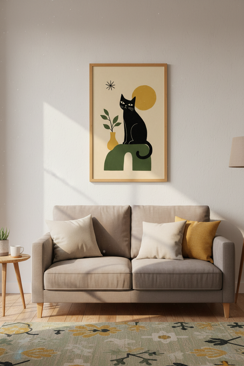 Black Cat Wall Art | Mid Century Modern Boho Print | Living Room Decor Art
