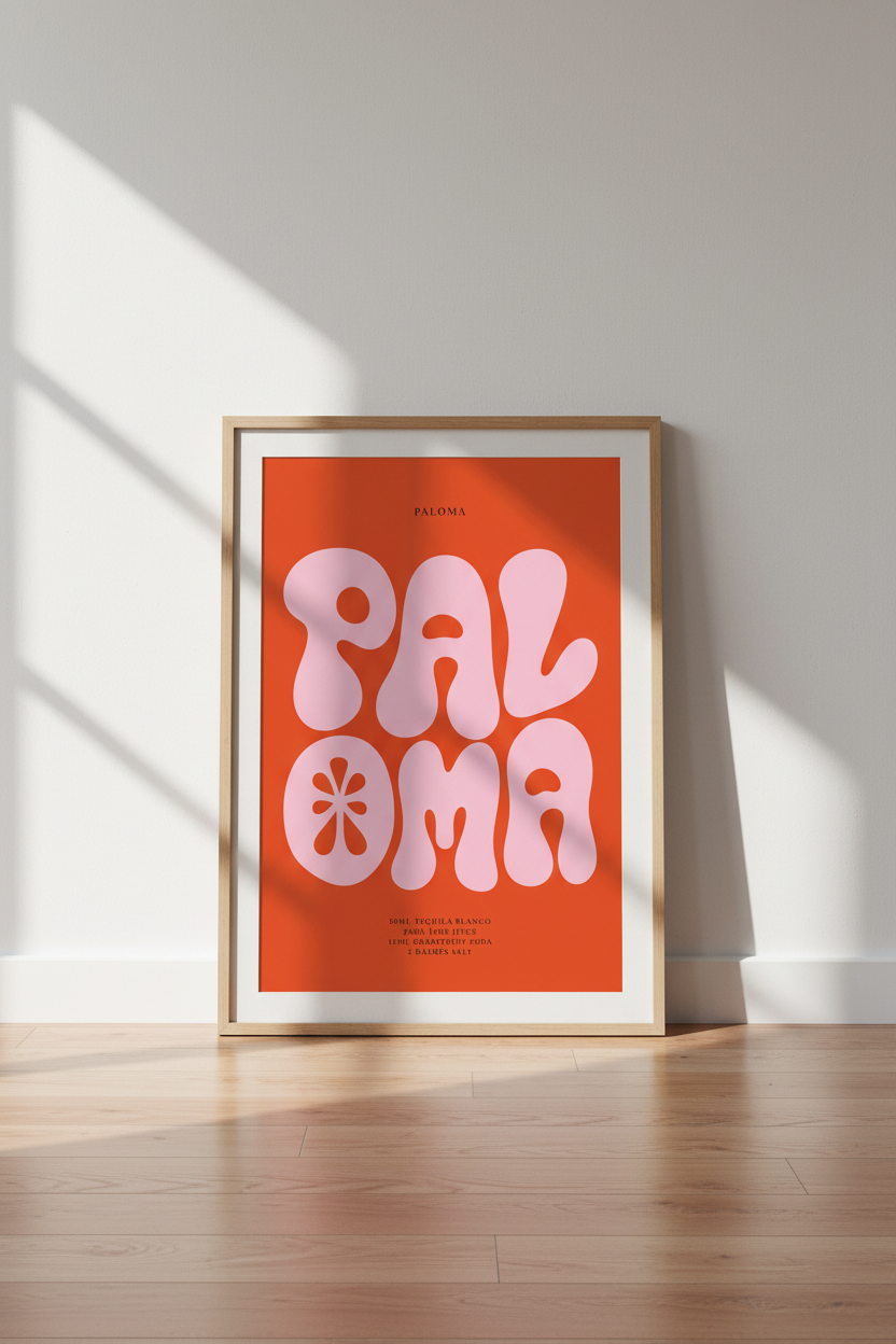Paloma Cocktail Wall Art Print | Retro Orange Pink Bar Decor | Funky Kitchen Poster