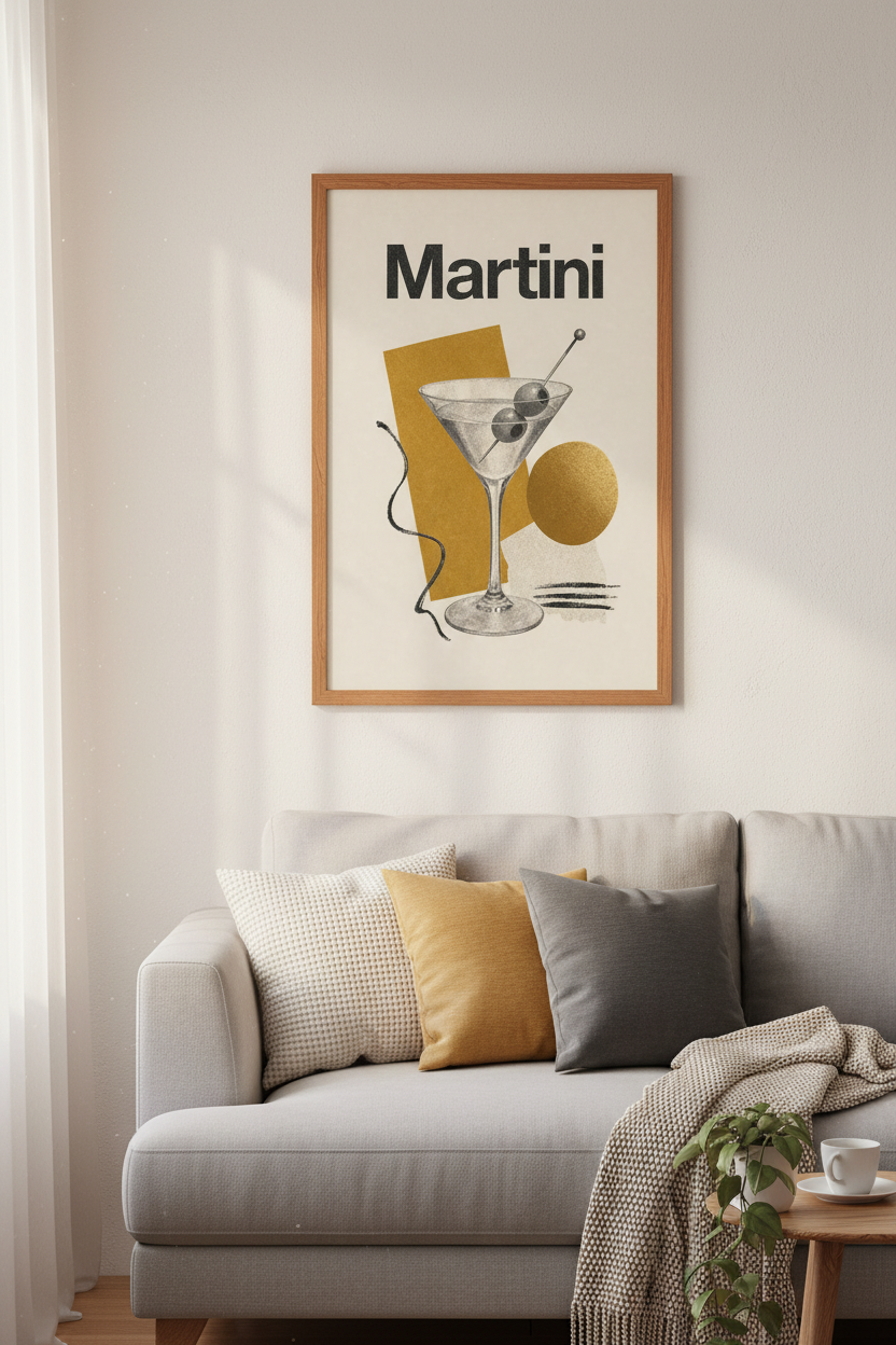 Martini Cocktail Wall Art Print | Mid-Century Modern Bar Decor | Abstract Gold Poster