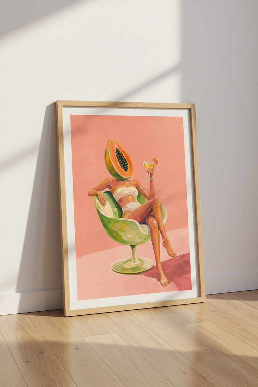 Papaya Fruit Art Print | Surreal Tropical Kitchen Decor | Pink Aesthetic Poster
