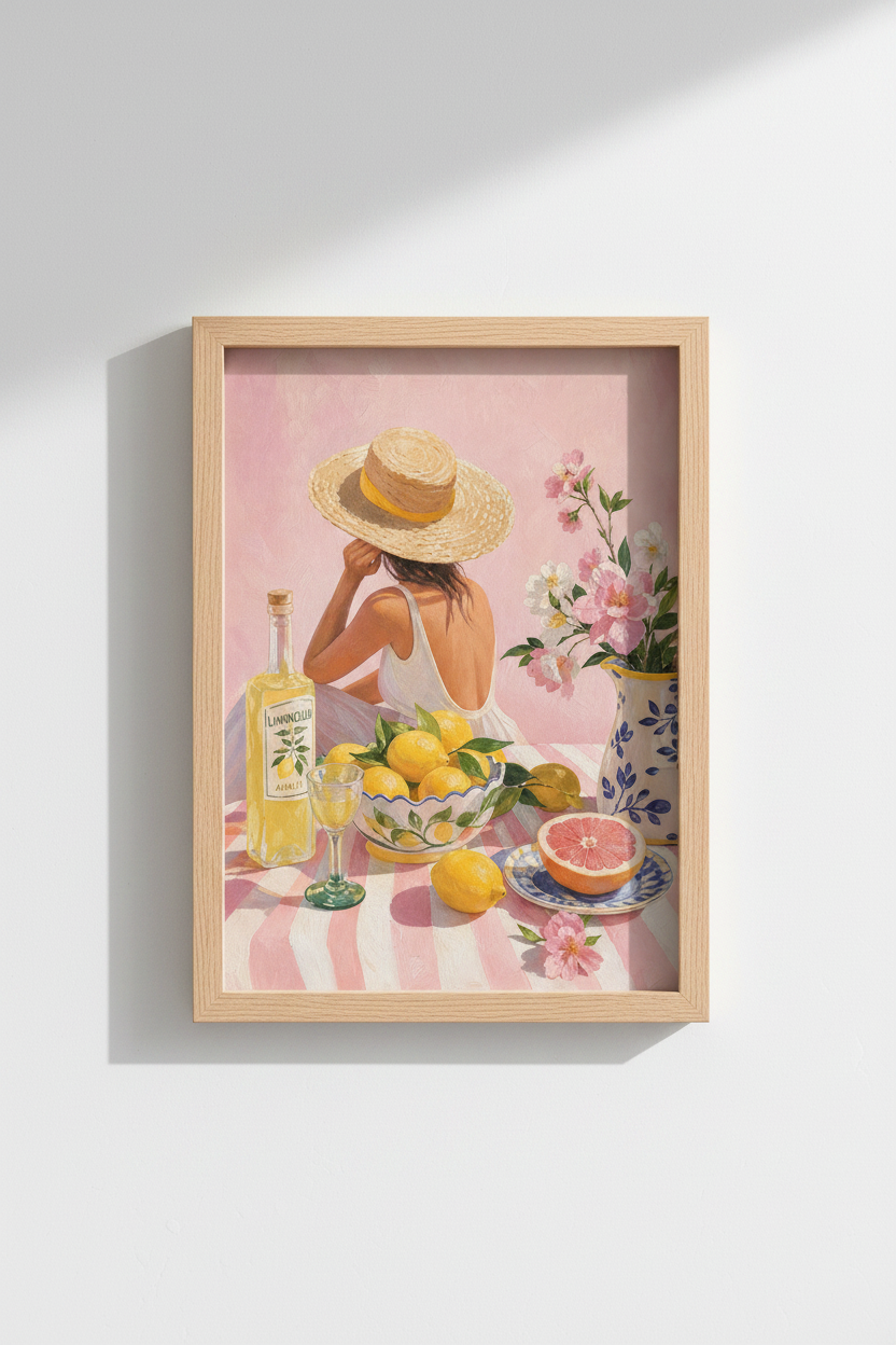 Amalfi Coast Art Print | Italian Summer Decor, Pink Lemon Kitchen Poster