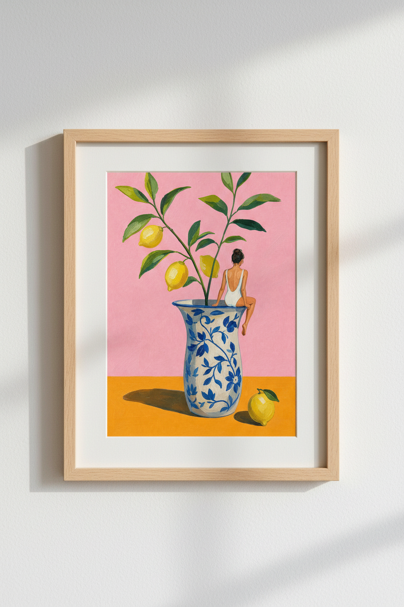 Lemon Oil Painting Print | Pink Mediterranean Decor | Whimsical Ginger Jar Poster