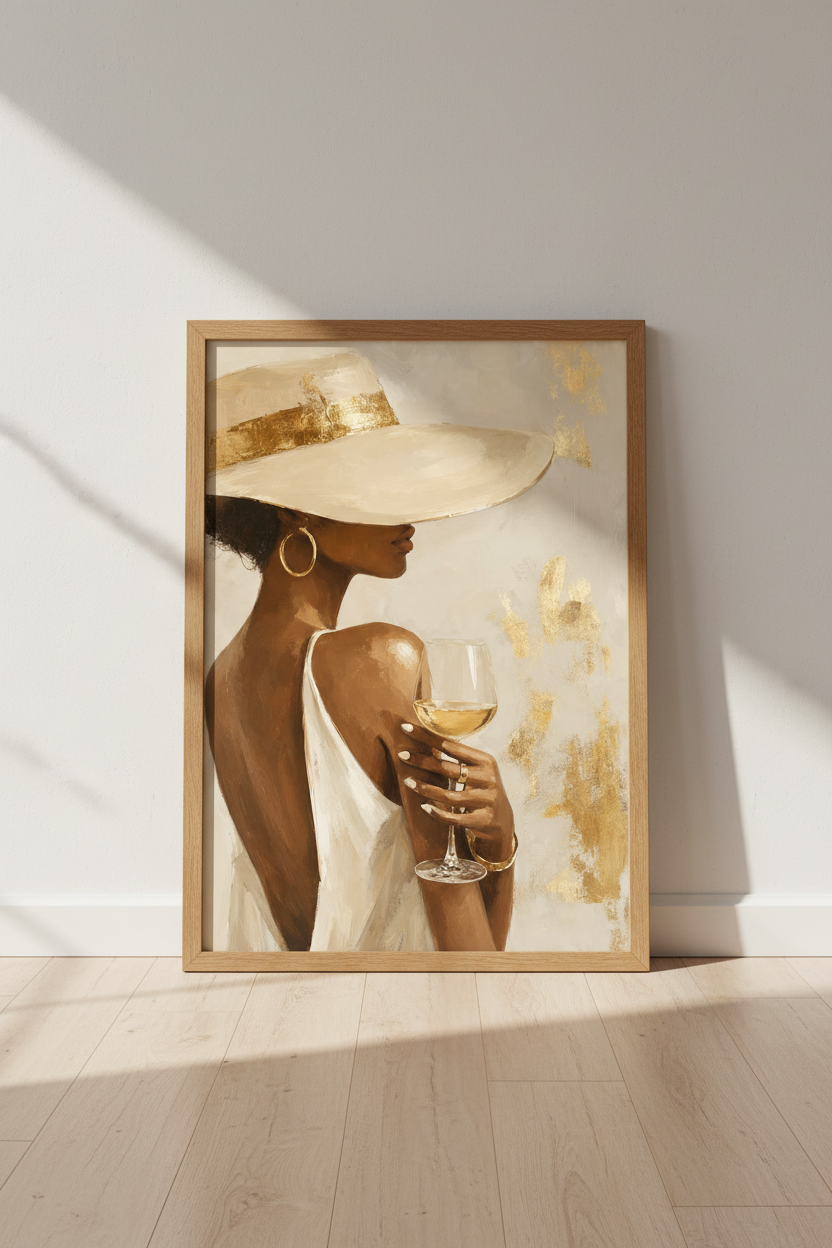 Black Woman with Wine Wall Art | Gold & Beige Aesthetic, Chic Home Decor