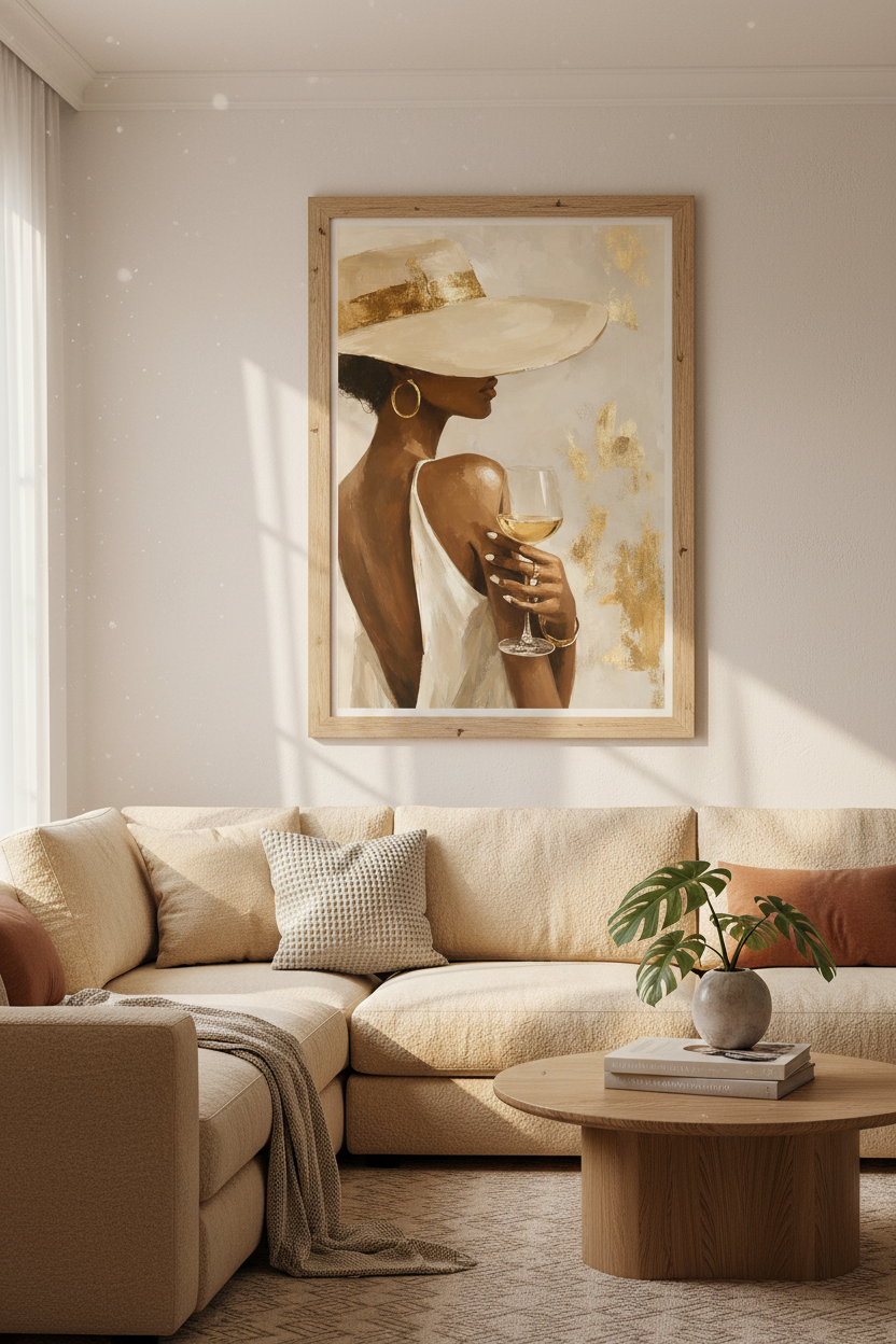 Black Woman with Wine Wall Art | Gold & Beige Aesthetic, Chic Home Decor