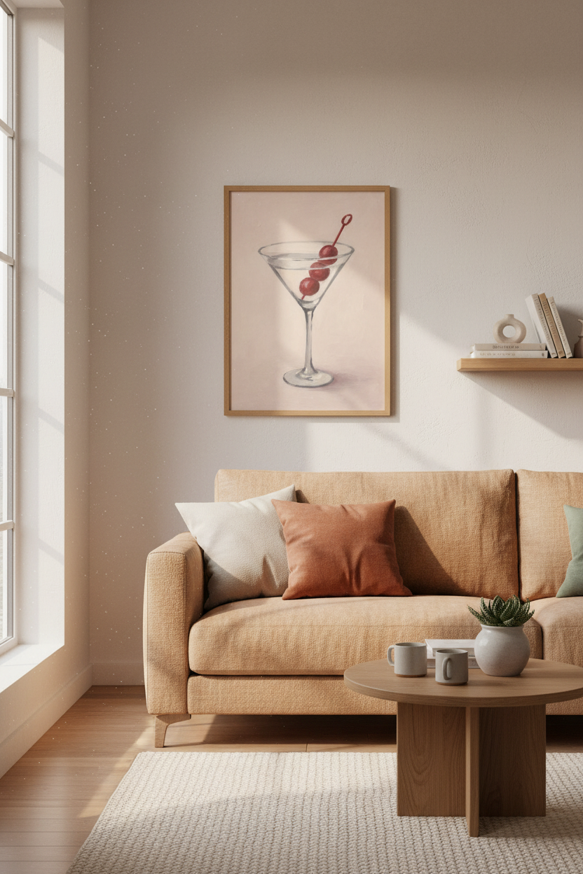 Martini Oil Painting Print | Cocktail Bar Cart Decor | Pink Aesthetic Poster