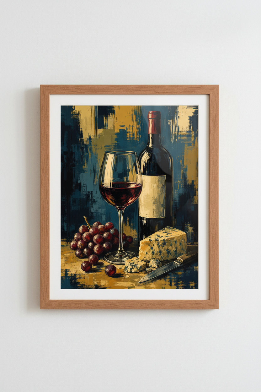 Abstract Wine Wall Art Print | Navy Blue & Gold Kitchen Decor | Modern Still Life Poster
