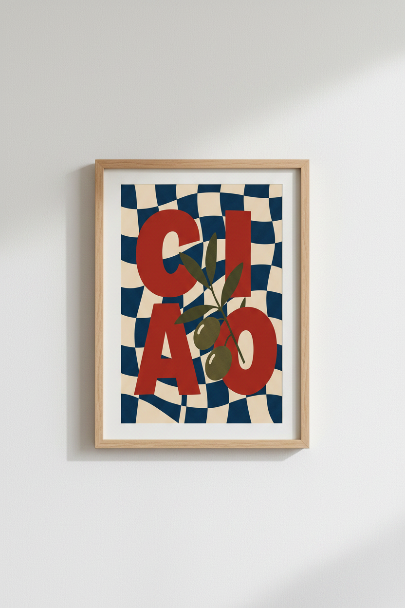 Retro Italian Wall Art | Ciao Typography Poster, Blue Checkered Kitchen Decor