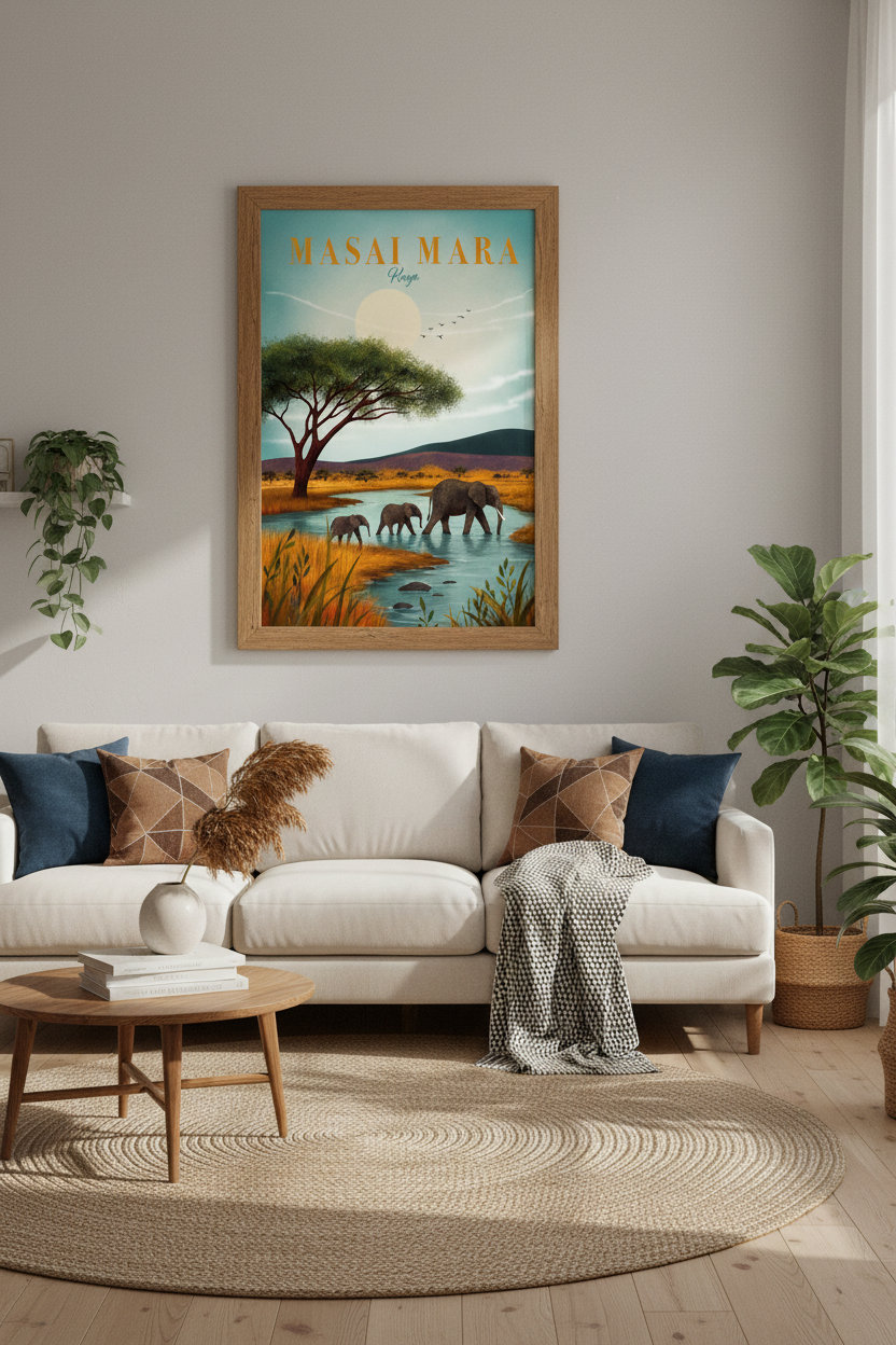 Masai Mara Kenya Travel Poster | Elephant Safari Wildlife Art, Living Room Decor