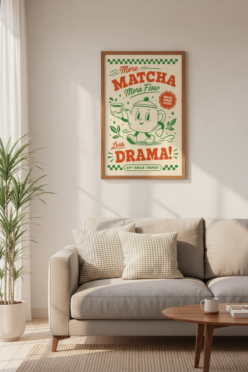 Retro Matcha Teapot Wall Art | Green Kitchen Decor | Fun Graphic Poster