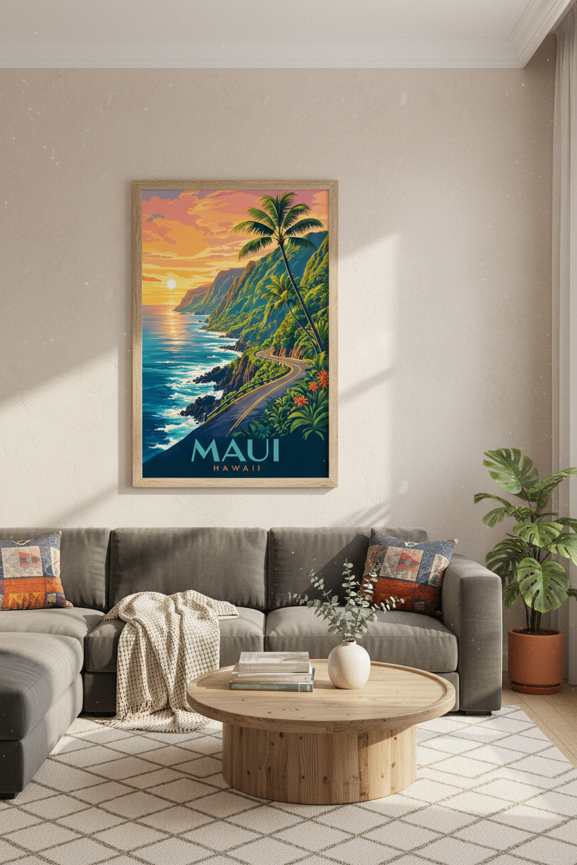 Maui Hawaii Travel Poster | Road to Hana Coastal Sunset Wall Art | Tropical Beach Decor