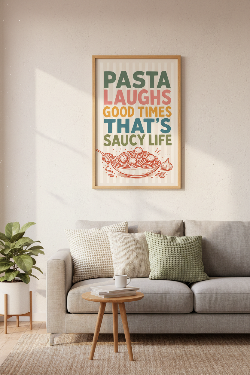Funny Pasta Quote Wall Art | Retro Kitchen Decor | Saucy Life Poster Print