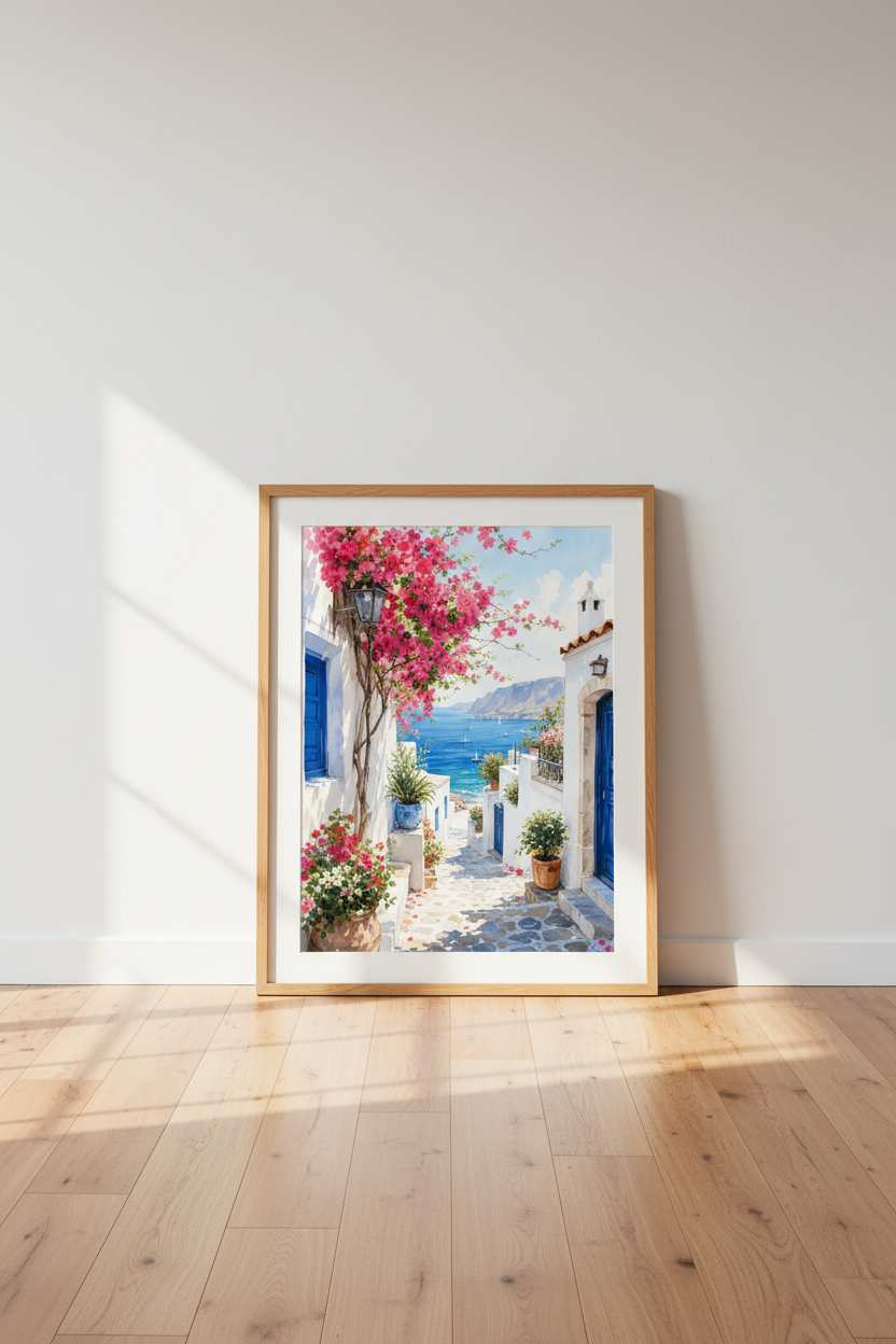 Greek Island Watercolor Print | Mediterranean Coastal Wall Art | Santorini Poster