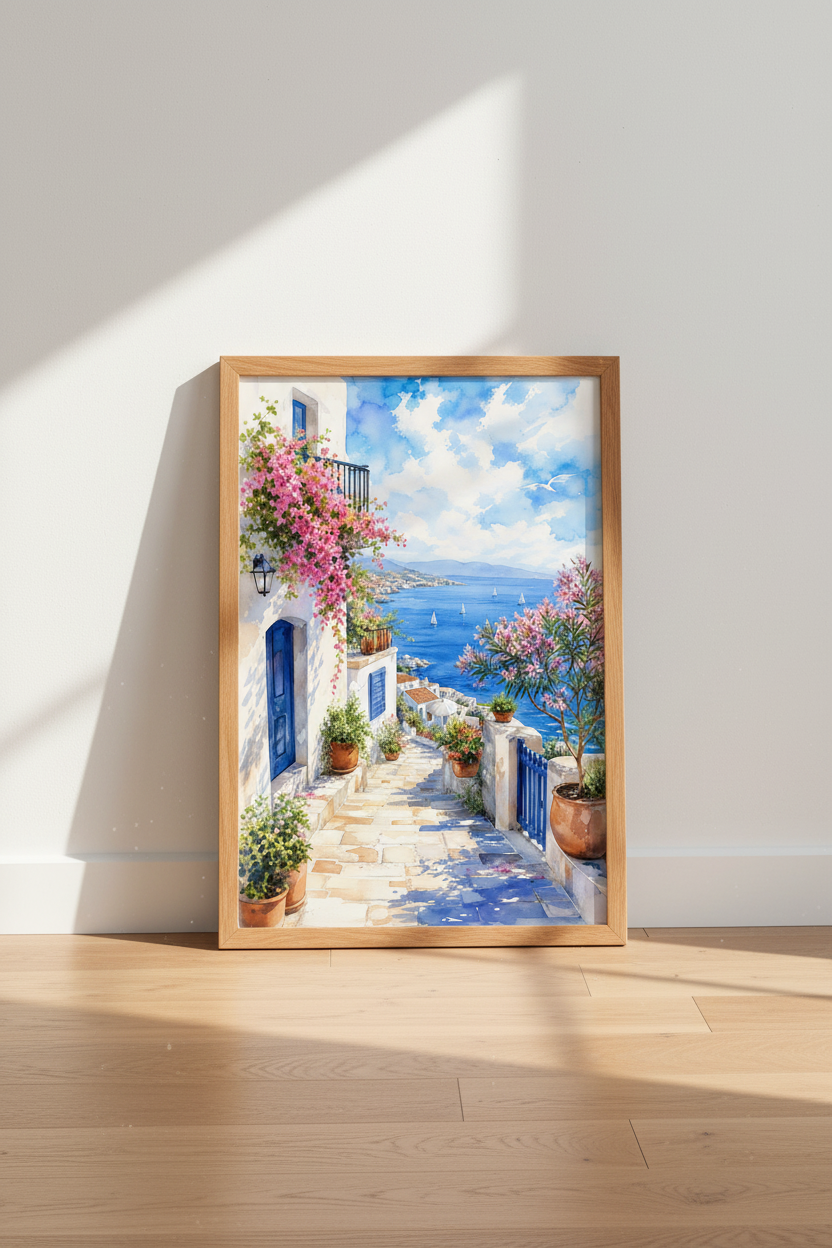 Mediterranean Coastal Village Watercolor | Blue Sea Wall Art | Greek Summer Poster