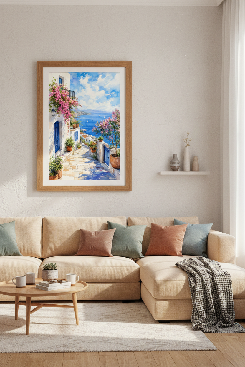 Mediterranean Coastal Village Watercolor | Blue Sea Wall Art | Greek Summer Poster