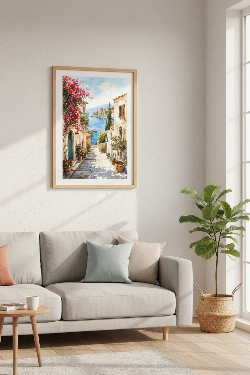 Coastal Village Watercolor | Mediterranean Landscape Art, Blue Ocean Decor