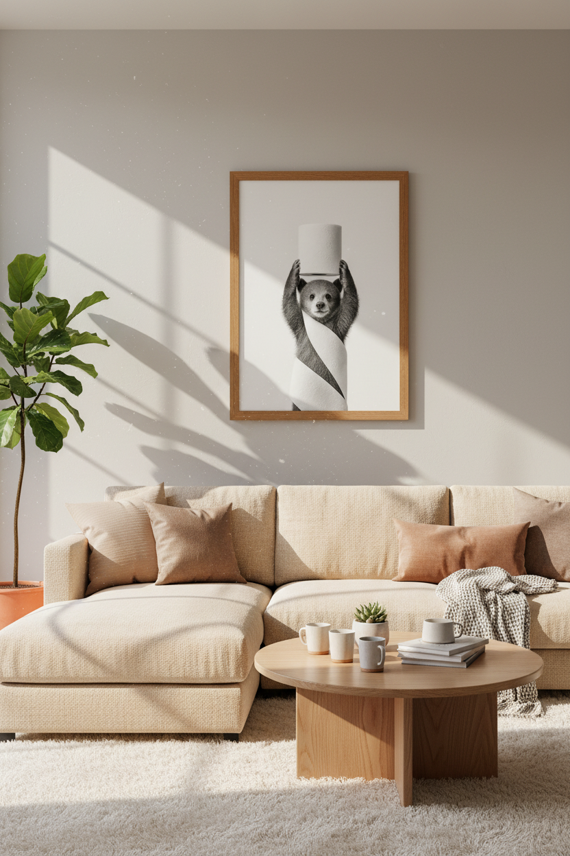 Bear with Toilet Paper Wall Art | Funny Bathroom Decor, Black and White Poster