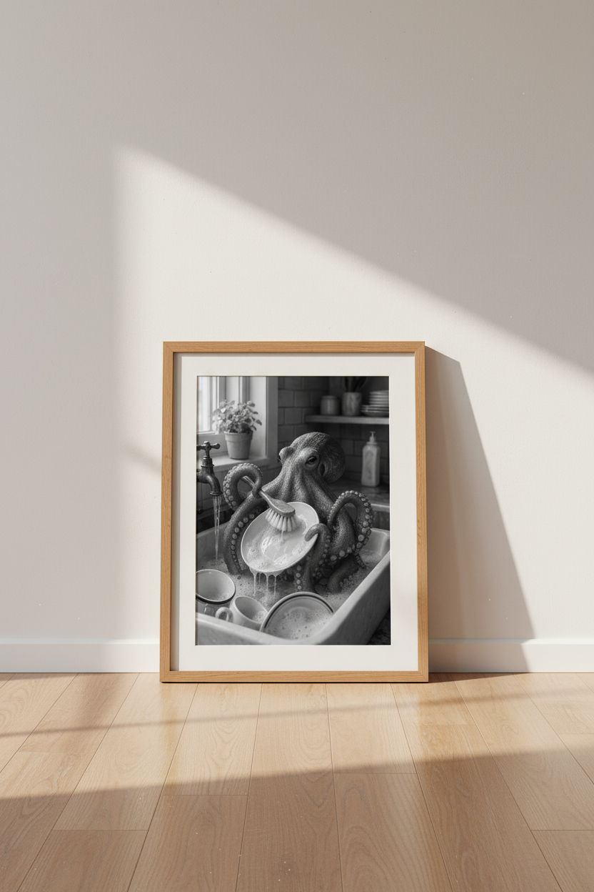 Octopus Washing Dishes | Black and White Surrealism, Quirky Kitchen Decor