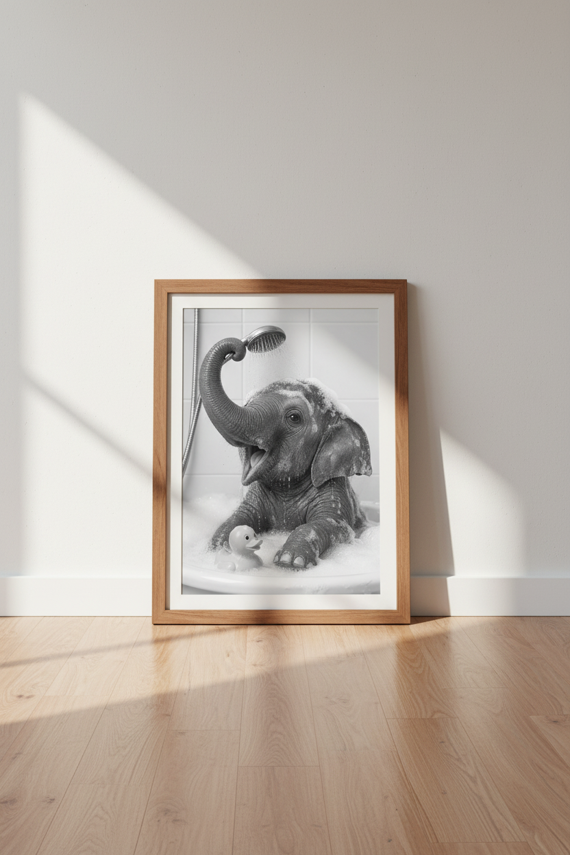 Elephant in Bathtub Art | Black and White Photography, Funny Bathroom Decor