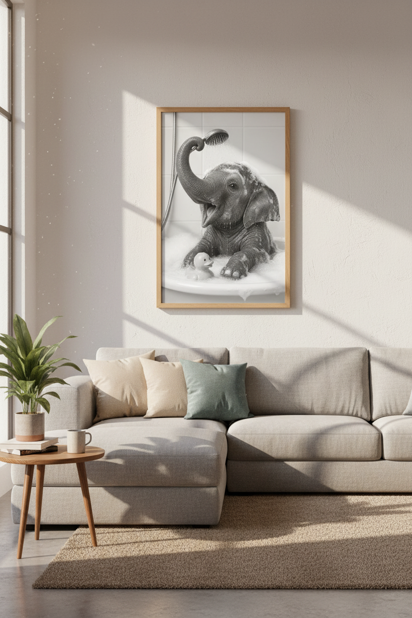 Elephant in Bathtub Art | Black and White Photography, Funny Bathroom Decor