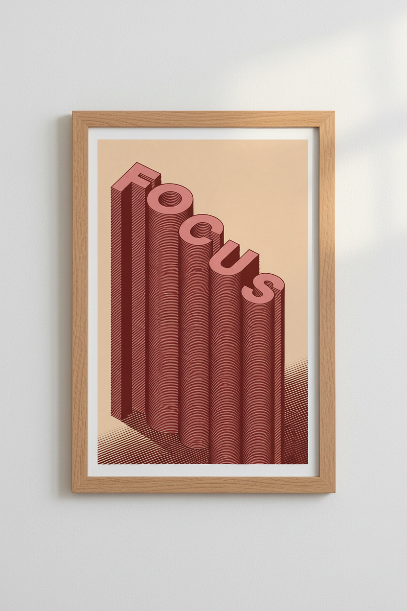 Focus Isometric Word Wall Art | Home Office Decor | Retro Minimalist Poster
