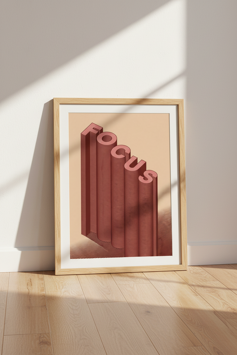 Focus Isometric Word Wall Art | Home Office Decor | Retro Minimalist Poster