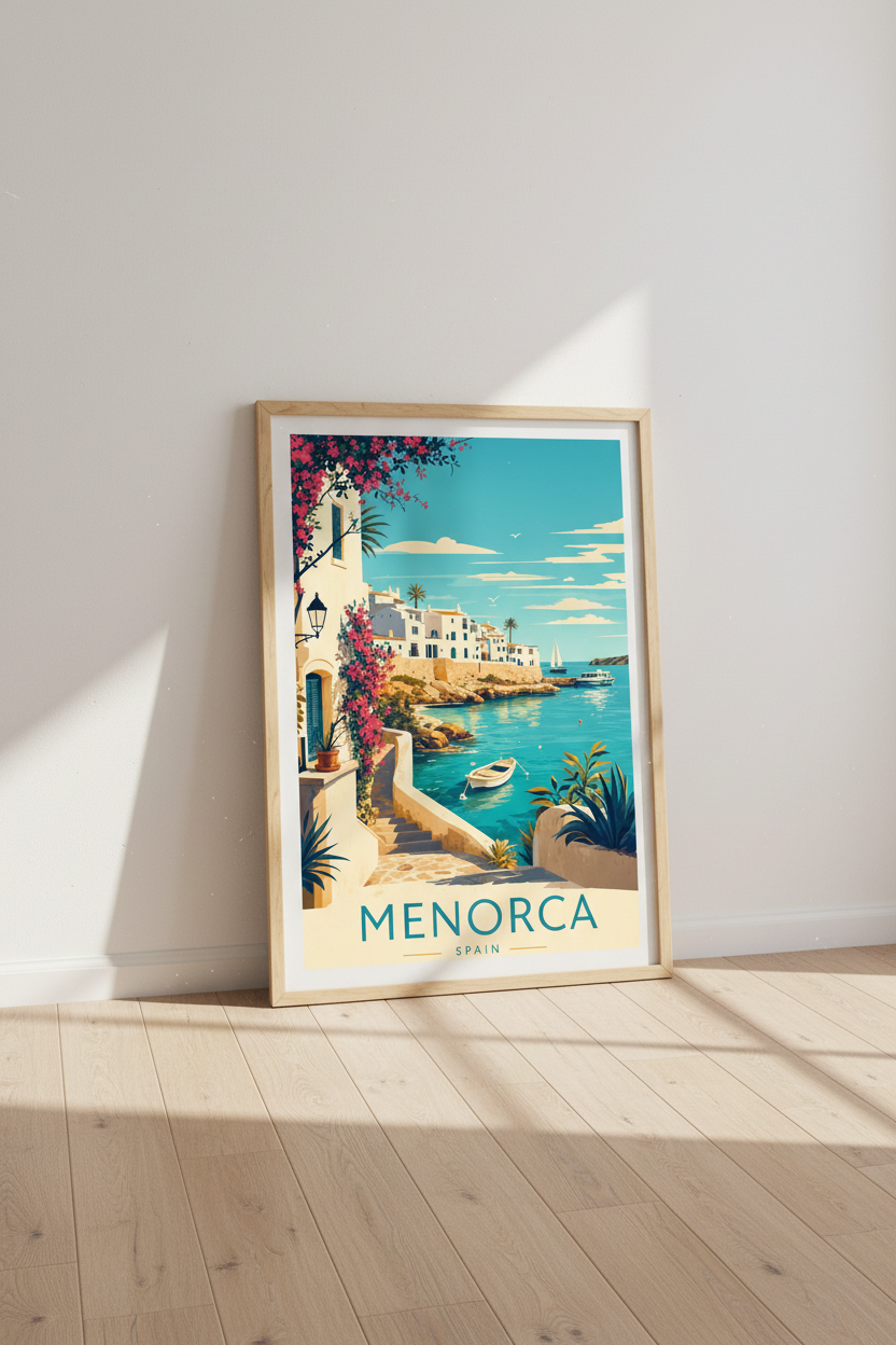 Menorca Spain Travel Poster | Mediterranean Coastal Wall Art | Retro Beach Decor