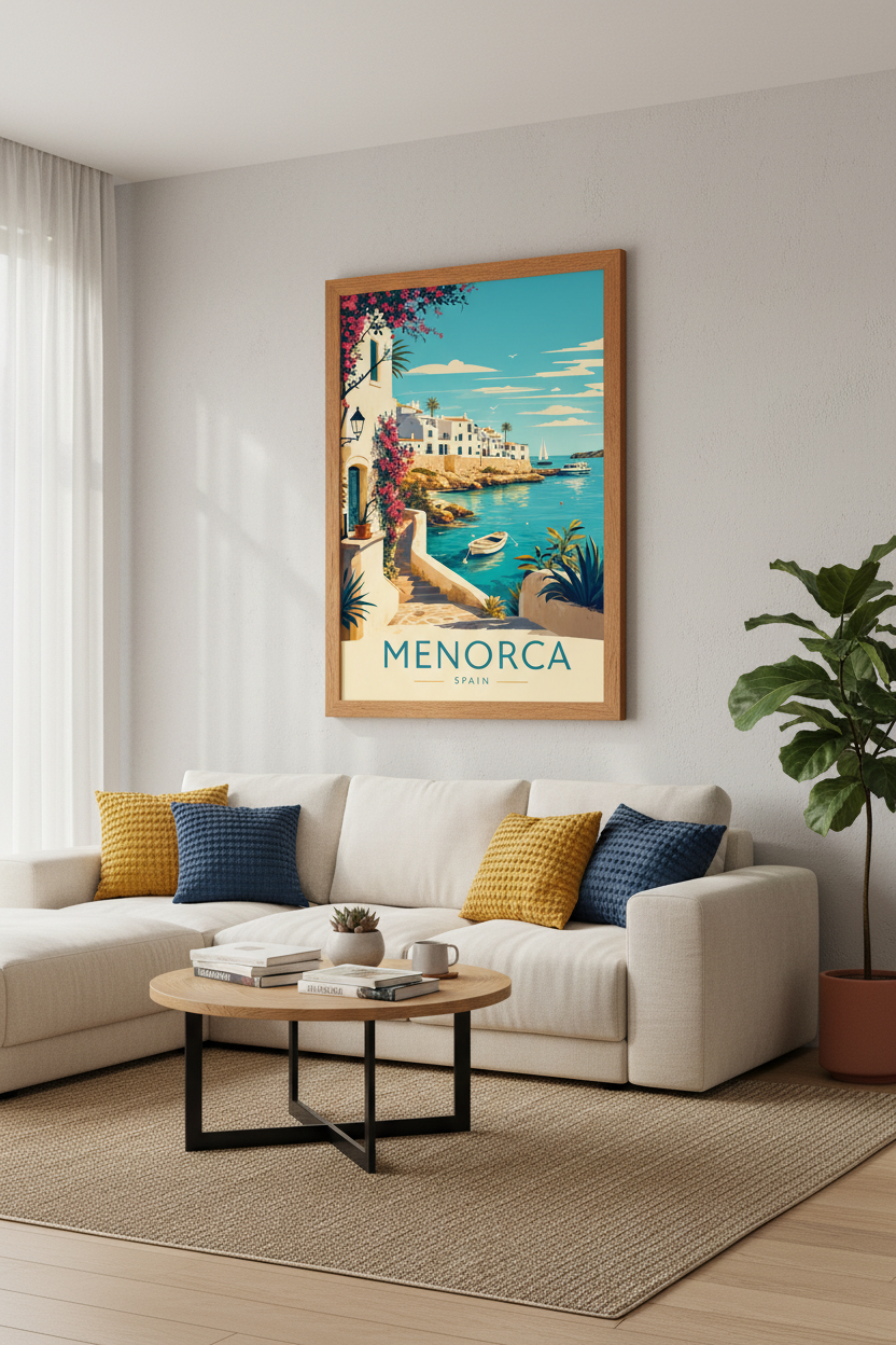 Menorca Spain Travel Poster | Mediterranean Coastal Wall Art | Retro Beach Decor