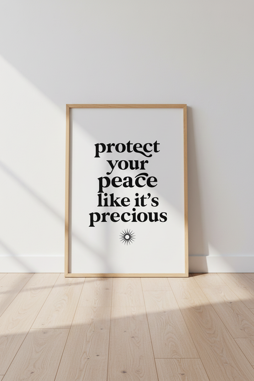Protect Your Peace Wall Art | Minimalist Black & White Quote Poster, Home Office Decor
