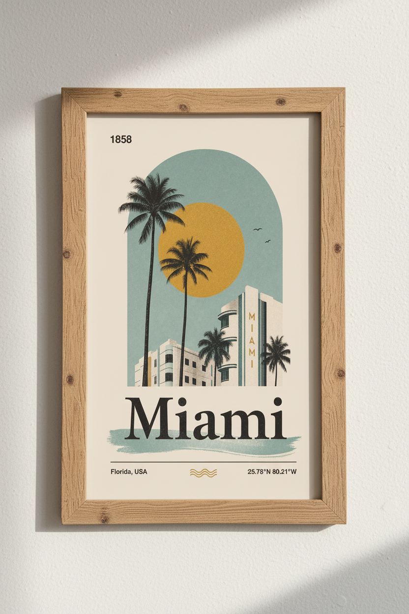 Miami Beach Art Deco Print | Vintage Tropical Travel Poster, Retro Florida Wall Art