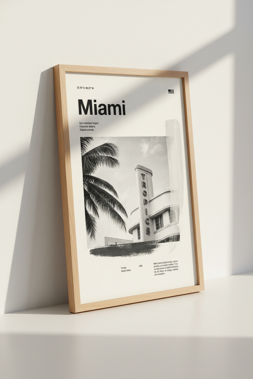 Miami Art Deco Print | Minimalist Black and White Wall Art, Modern Florida Travel Poster