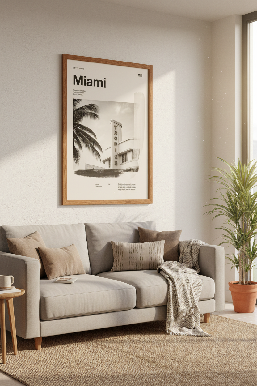 Miami Art Deco Print | Minimalist Black and White Wall Art, Modern Florida Travel Poster